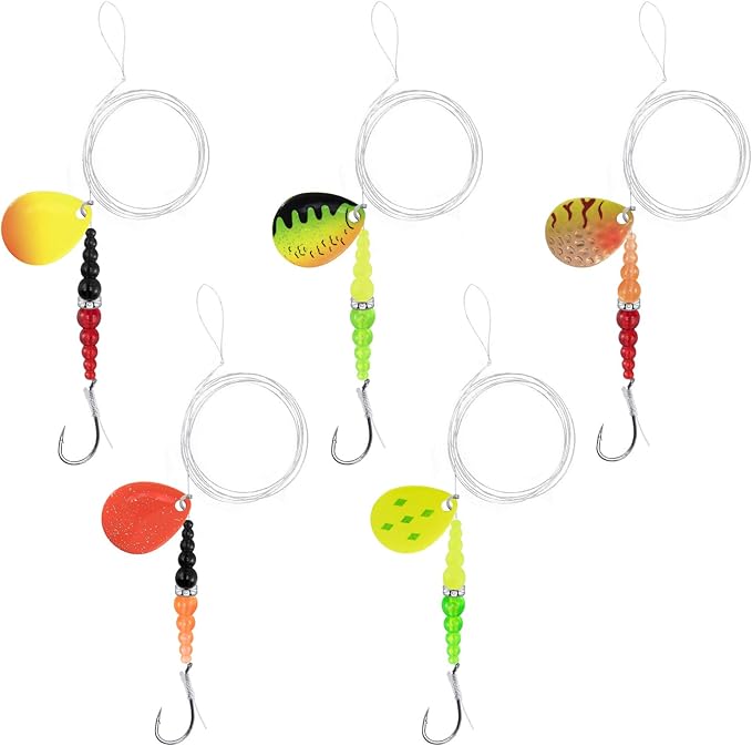 Alwonder 5PCS Walleye Rigs Wedding Ring Fishing Lures, Colorado Blades Stacked Fishing Beads Octopus Hooks Pre-Rigged Bait Rig, Crawler Harness Walleye Kokanee Salmon Spinner Rigs Kit 46IN 30LB Mono