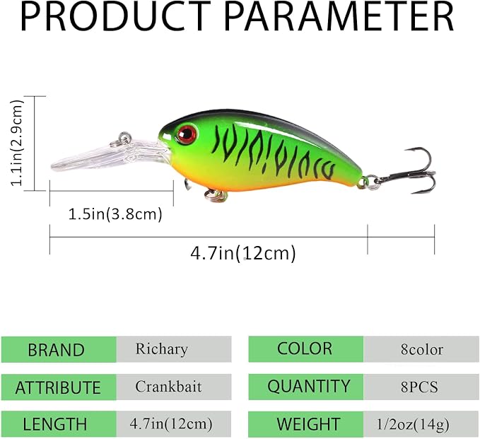 Crankbait Lures Kit, 8-Pack Lifelike Hard Swimbaits with Diving Lip for Bass Fishing, Assorted Colors, Freshwater Saltwater Fishing Gear for Bass, Trout, Pike