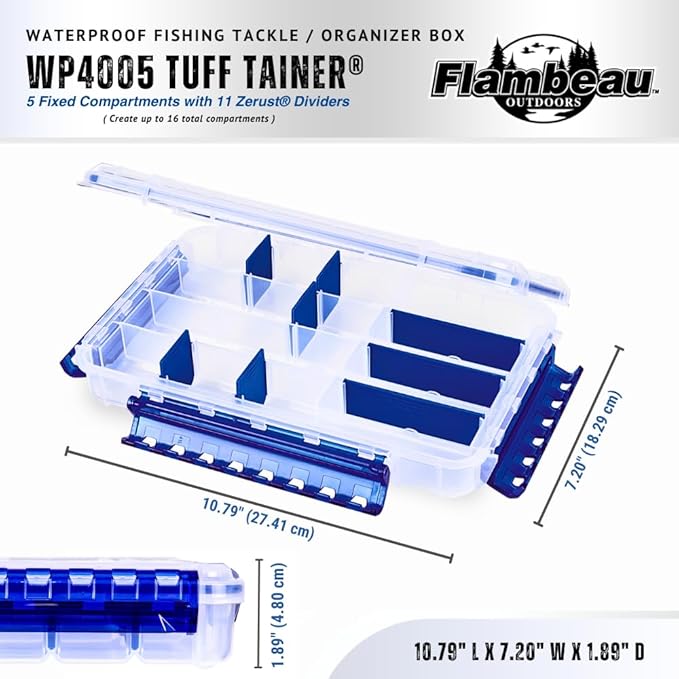 Flambeau Outdoors WP4005 Waterproof Fishing - Includes 11 Dividers, 16 Compartments, Waterproof Clear Fishing Lure Organizer, Ultimate Tuff Tainer with Zerust Dividers - 10.79" L x 7.20" W x 1.89" D
