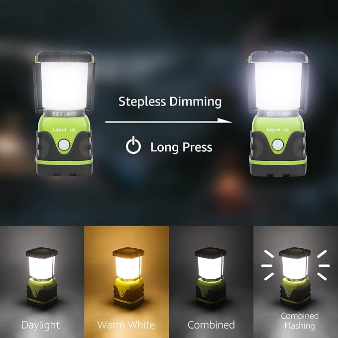Lepro 1000LM Battery Powered LED Camping Lantern, Green Tent Light with 4 Light Modes, Camping Essentials, Waterproof Lantern Flashlight for Camping, Emergency Light, Power Outages, Not Rechargeable