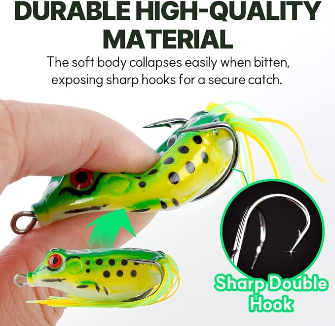 Topwater Frog Lures for Bass Fishing, 5 Pack Soft Hollow Body Weedless Frog Bait, Realistic Swimming Action, High Hookup, Crankbait for Freshwater Fishing, Includes Tackle Box