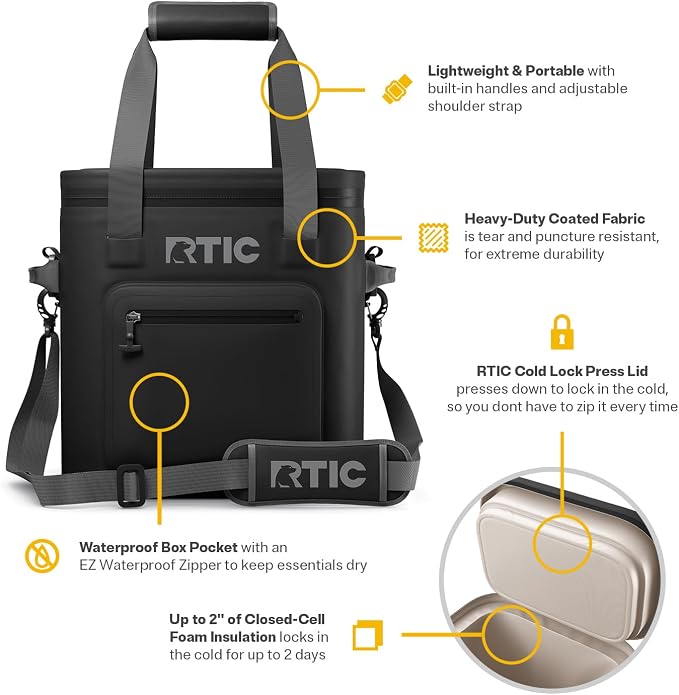 RTIC Ultra-Tough Soft Cooler Pro, Insulated, Waterproof, Leak Proof, Portable Floating Bag for Beverage, Drink, Lunch, Outdoor, Beach, Car, Camping, Picnic, Fishing, Boat
