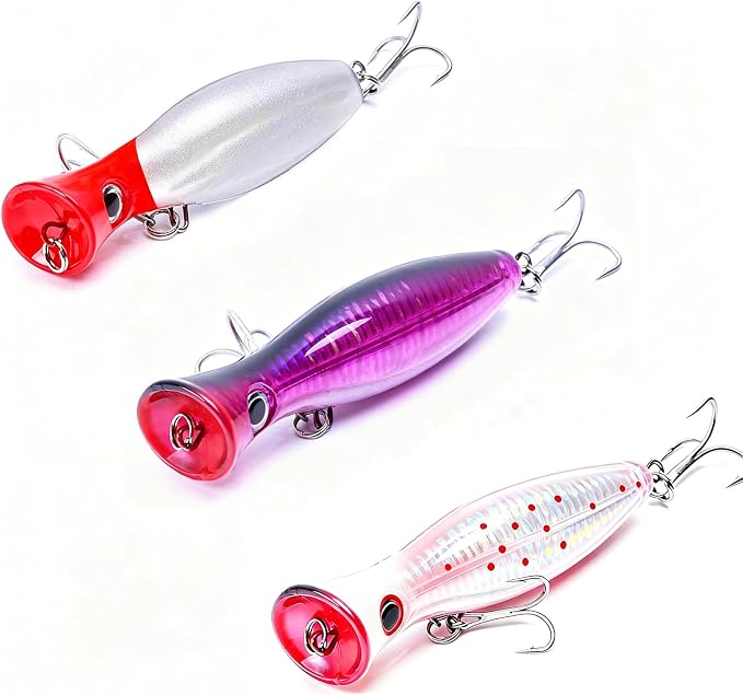 Popper Fishing Lure Set, 3 PCS Topwater Popper Lures 3D Eyes Fishing Accessories for Saltwater Surface Casting and Freshwater Fishing Gt Tuna Kingfish Large Predator Fish (5.11in, 1.48Oz)