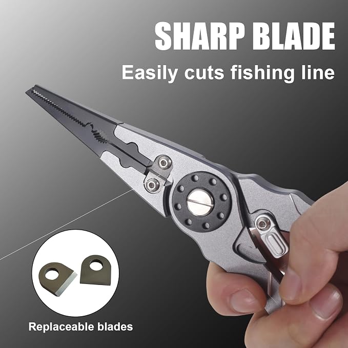 7.8" Lockable Saltwater Fishing Pliers, Aviation-grade Aluminum & Tungsten Cutters | Corrosion-Proof, with Replaceable Blades Set, Fishing Gear Gifts for Men, Adults, Kids