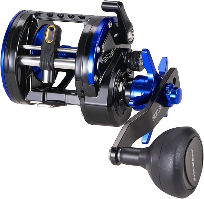 Burning Shark Baitcasting Fishing Reel, Smooth Powerful Round Baitcaster Reel, Saltwater Inshore Surf Trolling Reel, Conventional Reel for Catfish, Musky, Bass, Pike