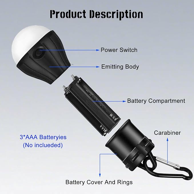Camping Tent Lantern,LED Camping Lights,Portable Outdoor Waterproof Emergency Light Bulb,Camping Gear,Super Bright,Tent Lamp for Camping,Hiking,Party,Backpacking,Fishing,Power Failure,4 Packs(Black)