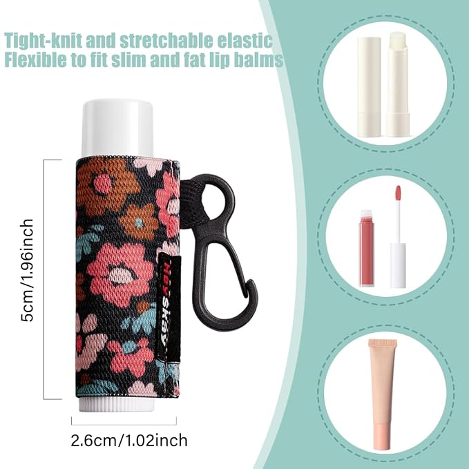 HEYSKAY 3PCS Chapstick Holder Key Chain Lip Balm Holder Keychain Chapstick Holder Lipgloss Lip Balm Elastic Sleeves (Floral Set D)