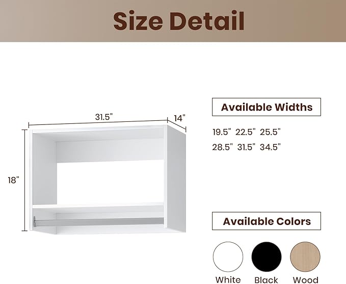 ROOMTEC 31.5" Tall Hanging Closet Unit, Modular Closet System with Hanging Rod, Wardrobe Organizer for Bedroom or Walk-in Closet, Wall Mounted, Customizable Clothes Storage Unit, White