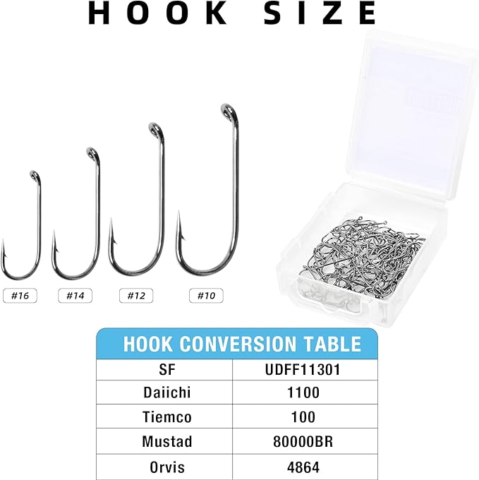 SF Fly Tying Hooks Ultra Sharp High Carbon Steel for Nymphs Wet Traditional Dry Streamers Eggs Jig Poppers Emergers Terrestrial Flies with Mini Box 100Pcs