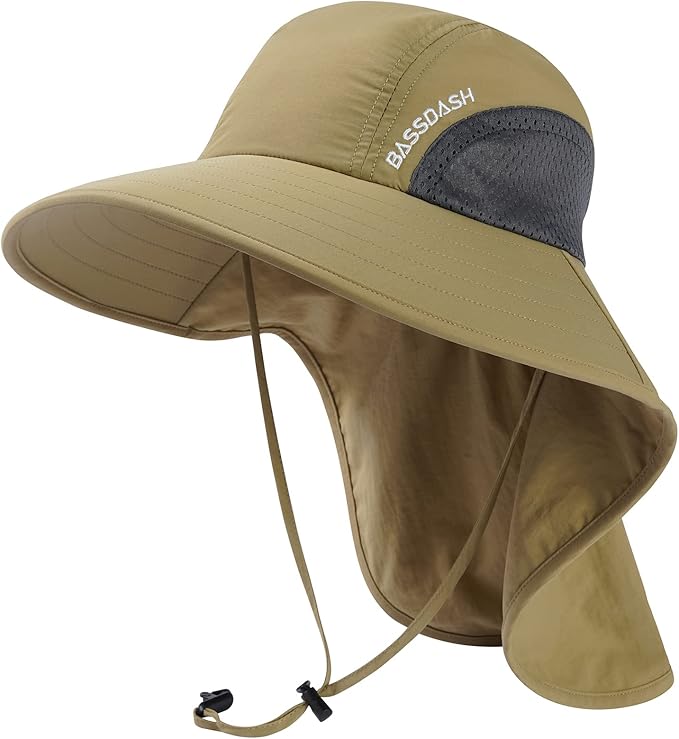 BASSDASH UPF 50+ Unisex Water Resistant Wide Brim Sun Hat with Large Neck Flap Ponytail Fishing Hat for Men Women