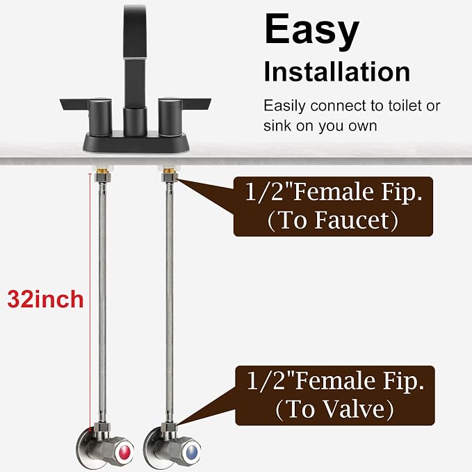 Midanya Faucet Supply Lines,32" Stainless Steel Braided Water Supply Line, 1/2" FIP x 1/2" FIP Faucet Hose, Faucet Hose Connector x 2 Pcs (1 Pair)