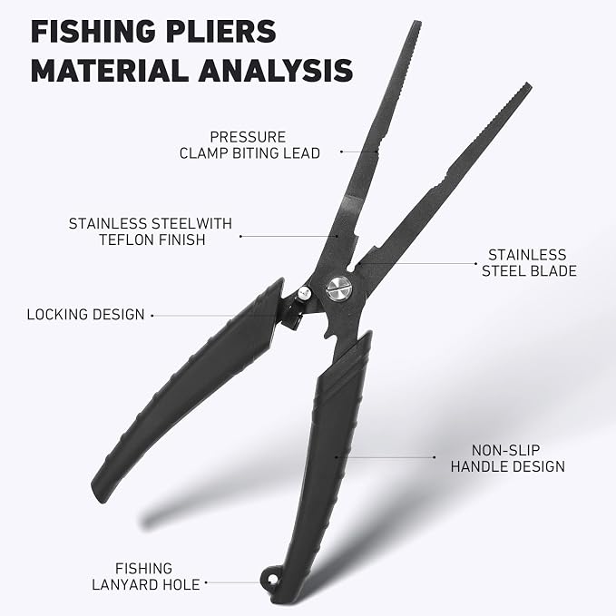 Golden J Teflon Fishing Pliers, Multi-Function Hook Remover-Long Nose Pliers, PE/Braided Line Cutter, Saltwater Resistant Fishing Gear, For Deep-Sea, Ice & Surf Fishing - Ideal for Anglers