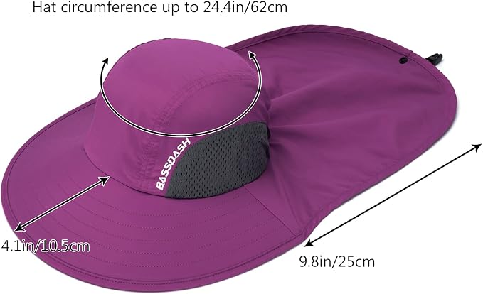 BASSDASH UPF 50+ Unisex Water Resistant Wide Brim Sun Hat with Large Neck Flap Ponytail Fishing Hat for Men Women