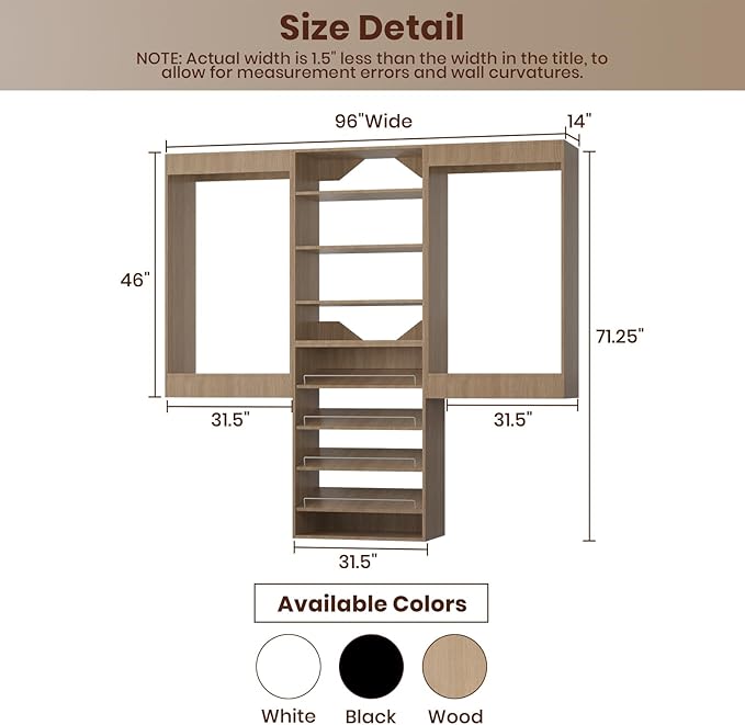 ROOMTEC Modular Closet System, 96" Wall Mounted Closet Organizer with Hanging Rods and Shoe Shelf, Wooden Tower for Walk-In Closets, Wardrobe Storage Kit, Wood