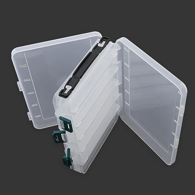 Double Sided Fishing Lures Box, Transparent Visible Fishing Lure Bait, Squid Jig Hooks Plastic Fishing Tackle Storage Case Container (10 Grids 20x16x5cm)