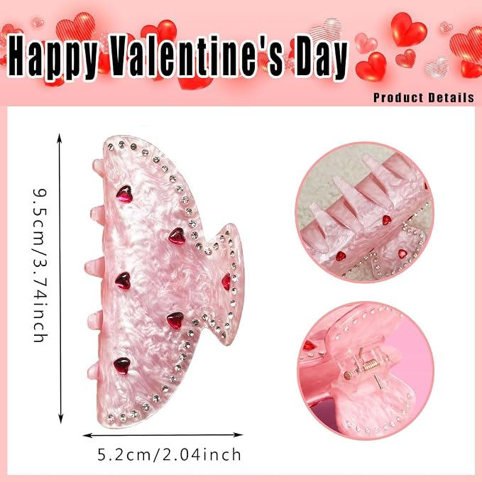 1 Pack Valentine's Day Hair Claw Clips Pink Hair Clips with Red Heart Rhinestone Valentines Hair Accessories Fashion Strong Hold Hair Claw Clips Crystal Diamond Unique Design Claw Clips for Women Girl