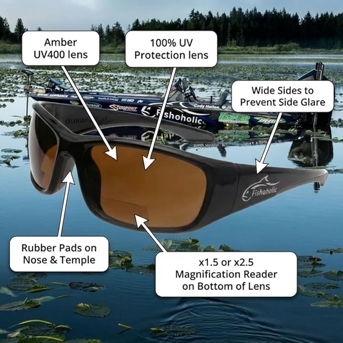 Fishoholic Polarized Bi-Focal Fishing Sunglasses with Reader Magnification (1.5x, 2.0x, 2.5x Options) and UV400 Protection