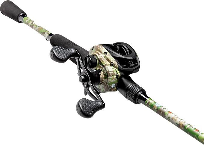 Lew's American Hero Camo Baitcast Reel and Fishing Rod Combo, 7-Foot 1-Piece Medium-Heavy Power IM7 Graphite Rod, 7.5:1 Gear Ratio, One-Piece Graphite Frame, Right-Hand Retrieve, Camo/Black