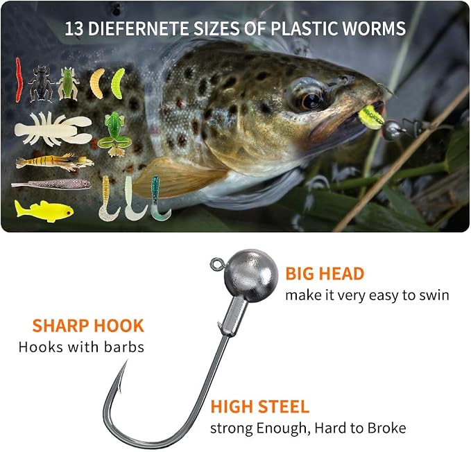 GOANDO Fishing Lures Kit for Freshwater Bait Tackle Kit for Bass Trout Salmon Fishing Accessories Tackle Box Including Spoon Lures Soft Plastic Worms Fishing Gifts