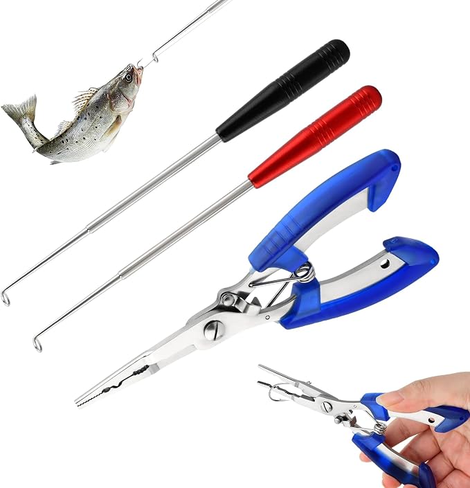 Fishing Hook Remover & Pliers Kit, 3pcs Stainless Steel Magnetic Tip Tools with Non-Slip Handle for Bass Trout Catfish, Multi-Functional Hook Extractor Accessories Detacher Tools