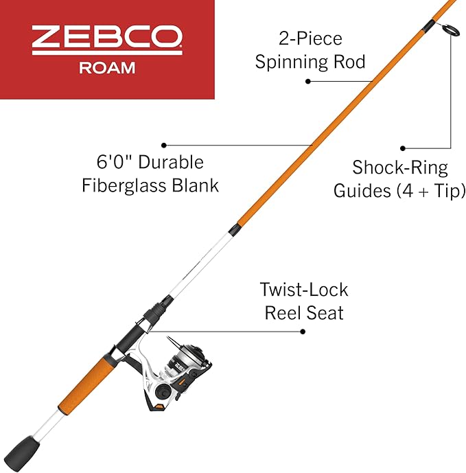 Zebco Roam Spinning Reel and Fishing Rod Combo, 6-Foot Fiberglass Fishing Pole, Split ComfortGrip Handle, Soft-Touch Handle Knob, Changeable Right- or Left-Hand Retrieve