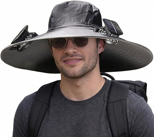 Men Sun Hat with 2 Solar Fan UPF 50+ Fishing Hats Wide Brim UV Protection Sun Hat, USB Charging