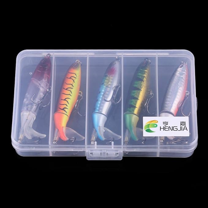 Topwater Fishing Lures With Storage Box, Whopper Popper for Bass, Catfish, Pike, Perch - Floating Pencil Bait With Rotating Tail for Freshwater or Saltwater