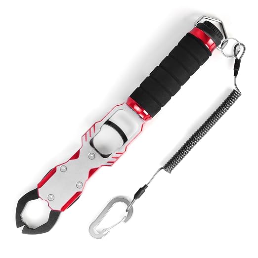 Ghosthorn 11" Aluminum Alloy Fish Lip Gripper with Scale - 40lbs Saltwater Fishing Grabber Tool, 360° Swivel Non-Slip Handle, Corrosion-Resistant Fish Holder for Caught Fish, Fish Control Tackle