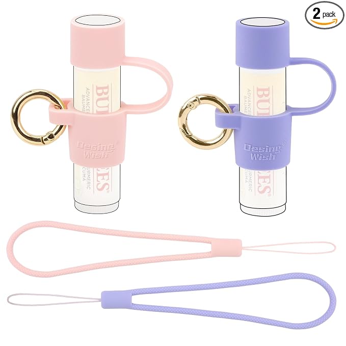 2 PCS Silicone Chapstick Holder with Cap Cover, 0.6'' Diameter Portable Lip Balm Holder Key Chain Sleeve Chapstick Keychain Holder with Wrist Strap Lanyard - Pink/Purple