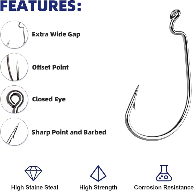 UCEC Fishing Hooks, 140PCS/ 100PCS/ 60PCS EWG Offset Worm Hooks Bass Hooks Wide Gap 2X Strong Senko Bait Texas Rig Jig Fish Hooks for Bass Trout Saltwater Freshwater Size:#4#2#1 1/0 2/0 3/0 4/0 5/0
