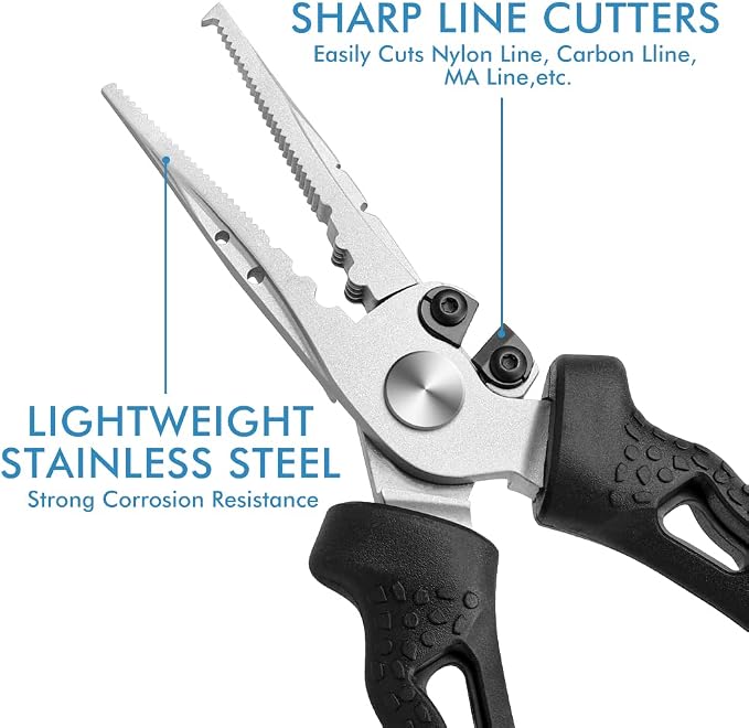 TRUSCEND Easy Use Lockable Fishing Pliers with Tungsten Carbide Cutter, Innovative Ergonomic Handy Handle, Saltwater Corrosion Resistant Teflon Coated Fishing Tool, Light Multi-Function Fishing Gear