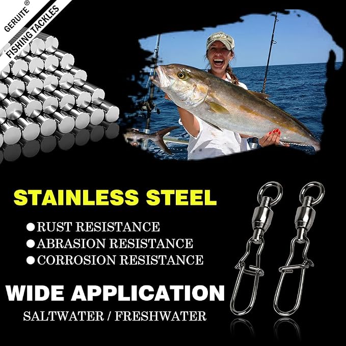 Duo Lock Snap Fishing Swivels Ball Bearing Fishing Tackle Snap Swivels Free Rotation Fishing Line Connectors Ball Bearing Swivels Black Nickel for Saltwater Freshwater Fishing