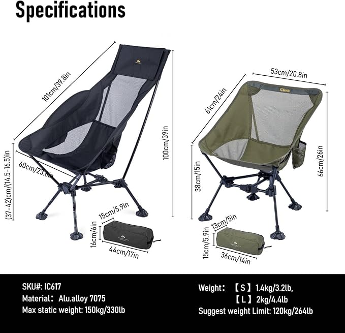 iClimb Ultralight Compact Camping Folding Beach Chair with Anti-Sinking Large Feet (Green - Triangular Frame High Back - 2PC)