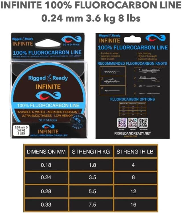 Rigged and Ready Infinite Fluorocarbon - Fluorocarbon Fishing Line Leader-50m 54.6y Virtually Invisible=More Bites. 4/8/12/16lb, 1.8/3.6/5.5/7.5kg-Saltwater Freshwater