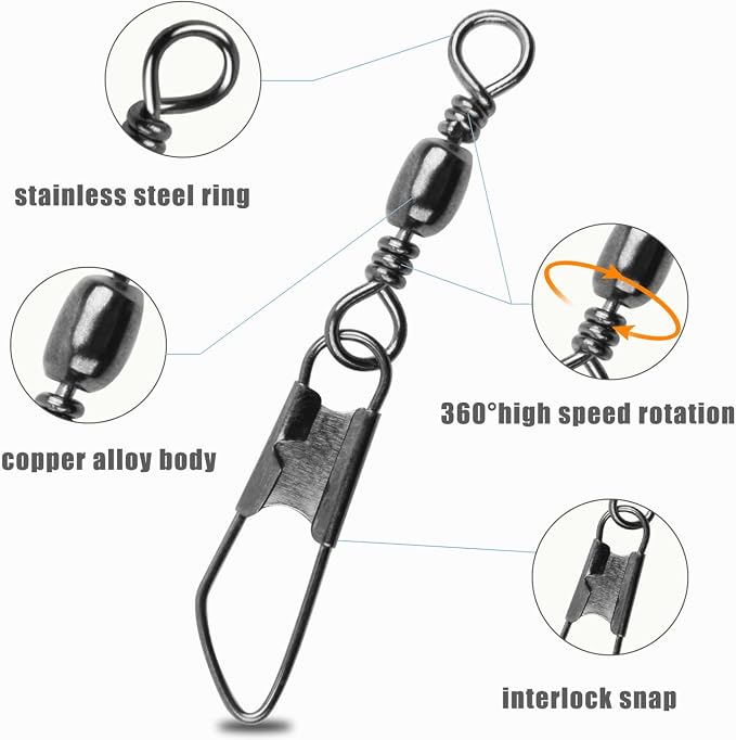 AGOOL Barrel Swivel Snap Kit - 50pcs Barrel Swivels with Safety Snaps High Strength Fishing Quick Connect Snap Swivels with Solid Ring Fishing Tackle Accessories Box Kit Size 4#,6#,8#,10#,12#,14#