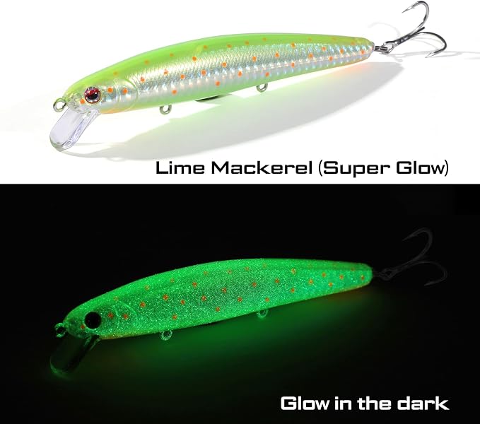 LITTMA California Surf Fishing Lures Saltwater Jerkbait Crankbait Surf Minnow 110/125 - Metallic Sardine Super Glow & Pearl Pink Belly Glow Lures for Halibut & Striper Fishing