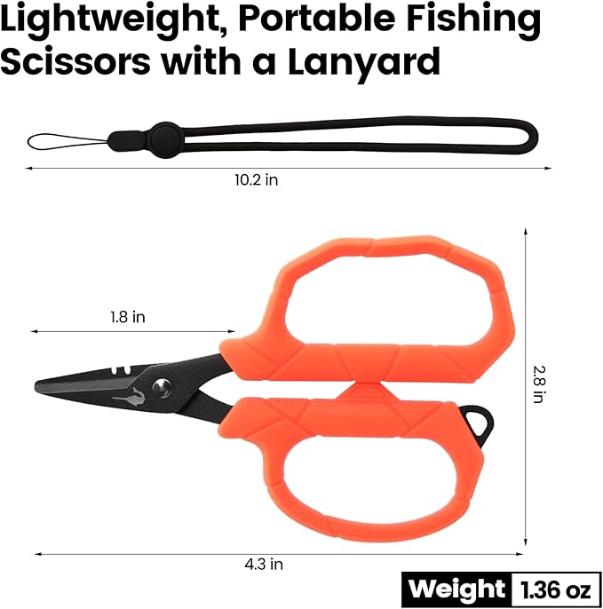 Pristis Fishing Scissors with Lanyard, Stainless Steel Blades Line Cutter with Non-slip Grip, Saltwater Durable Micro Serrated Edge Multi Tool, Small Mini Gear Kit for Braided Mono Fluorocarbon Line
