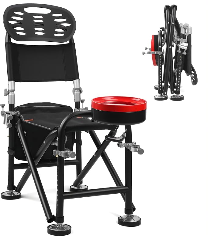 Fishing Chair with 2 Rod Holders, Heavy Duty Folding Camping Chair for Adults, 300lbs Capacity Portable Outdoor Chair with Adjustable Backrest, Durable Iron Frame and Oxford Cloth (Black)