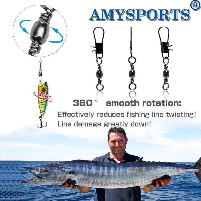 AMYSPORTS Fishing Tackle Barrel Swivel Snap High Strength Snap Swivel Saltwater Stainless Steel Fishing Barrel Snaps Interlock Snaps Freshwater Leader Lure Connnector Accessories