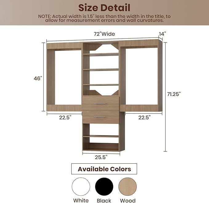 ROOMTEC Modular Closet System, 72" Wall Mounted Closet Organizer with Hanging Rods and Drawers, Wooden Tower for Walk-In Closets, Wardrobe Storage Kit, Wood