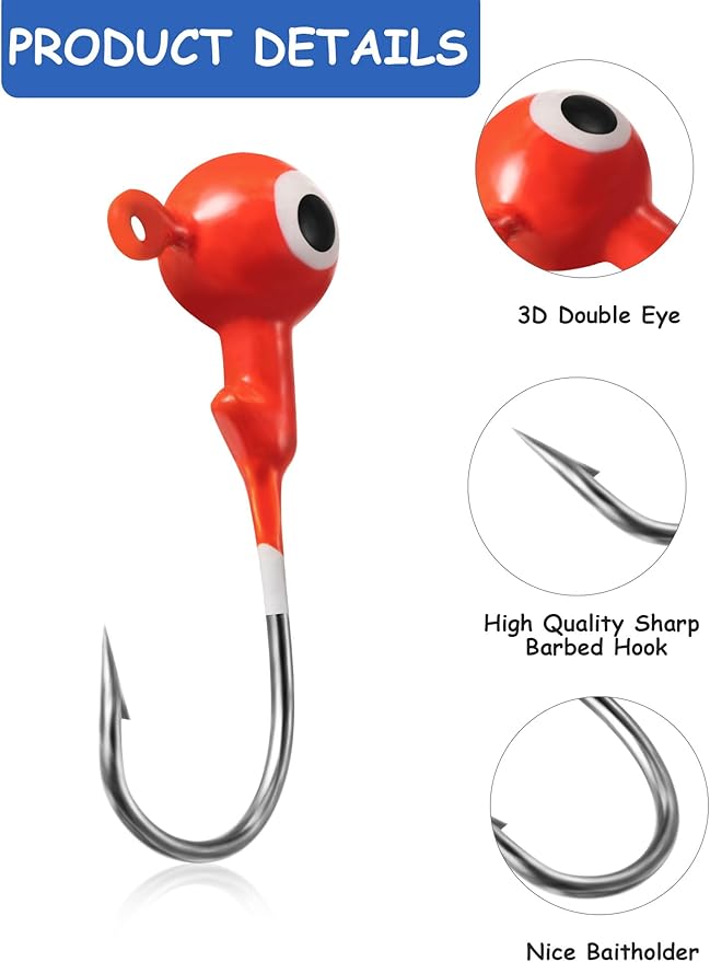 60 Pieces Fishing Lures Jig Heads Ball Head Fishing Hooks Round Ball Head Jigs with Double Eyes for Freshwater or Saltwater