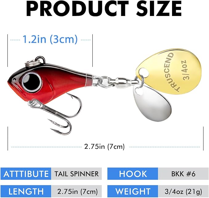 TRUSCEND Vibespinner Easy Catch Fishing Lures with BKK Hooks, Tail Spinner Baits with 4 Actions, Vibrating Swimming Flashing & Jigging for More Bites, Spoon Lures for Bass Trout Crappie Walleye Pike