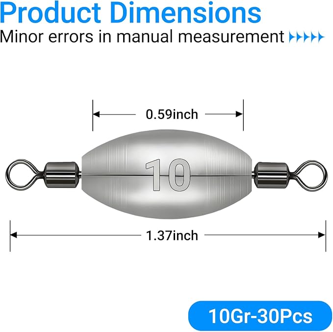 Inline Trolling Weights with Swivel, Fishing Sinkers for Catfish Bass Saltwater Freshwater, Anti-Twist Smooth Rolling Egg Sinker Design, Assorted Sizes Fishing Weights Kit