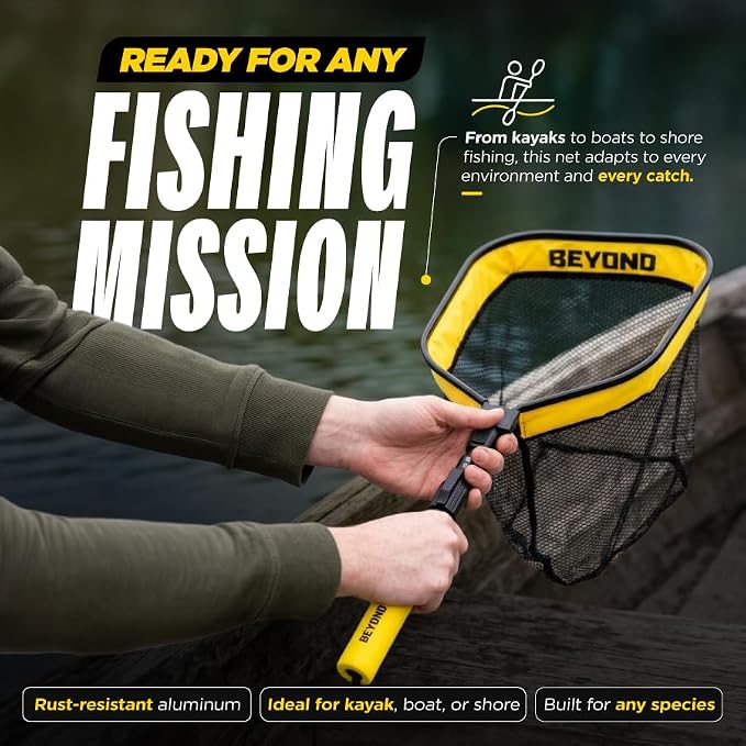Beyond Braid Floating Fishing Net with Handle – Folding Fishing Net for Easy Storage – Telescopic Landing Net for Bass, Trout, Kayak & Boat Fishing – Durable, Lightweight & Fish Friendly