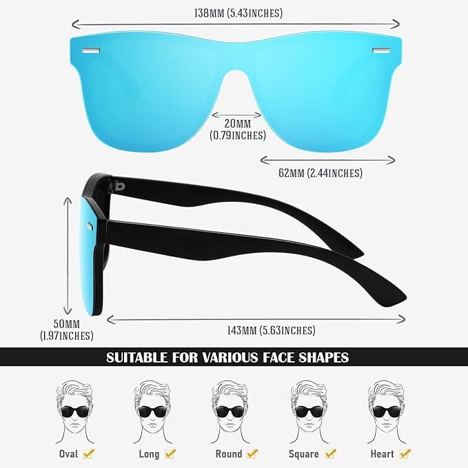 LINVO Trendy Polarized Mirrored Sunglasses Men Womens, Flat One Piece Reflective Shades for Driving Fishing UV400 Protection