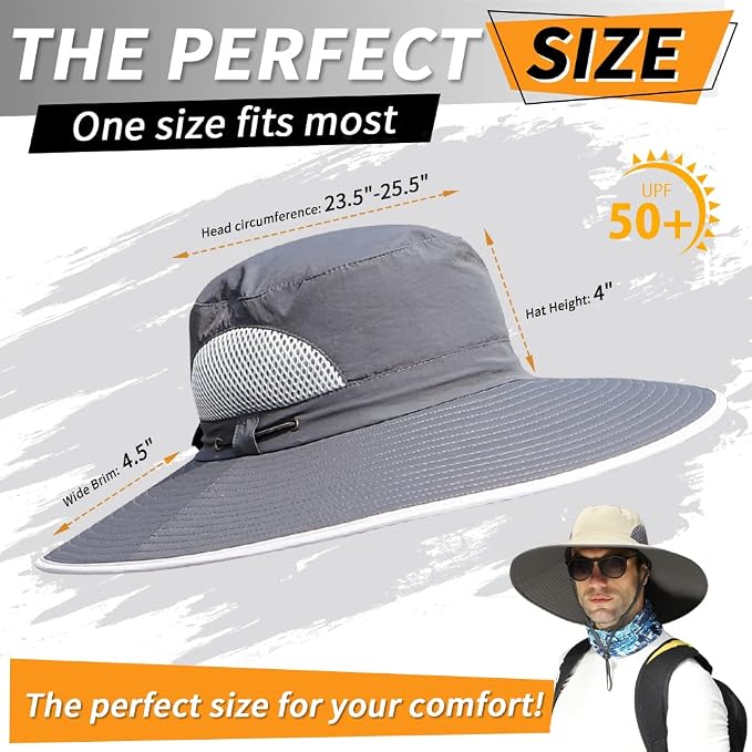 【Oversize XXL&Wide Brim】 Sun Hats for Men, 【UPF50+Waterproof】 Fishing-Hat Boonie Bucket for Hiking Safari Beach Garden