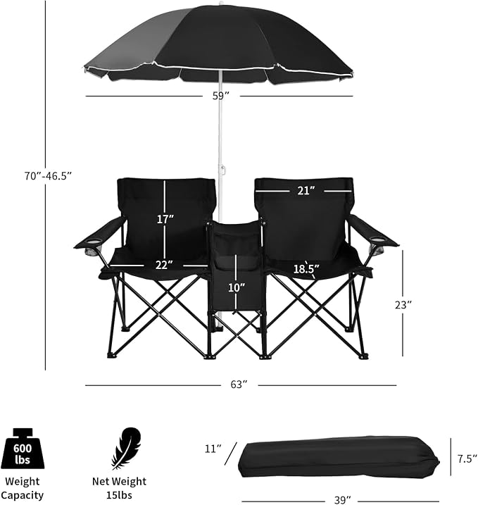 Tangkula Double Camping Chairs with Umbrella, Portable 2 Seat Folding Camp Chair with Cooler Bag, Beverage Holder, Carrying Bag, Foldable Lawn Chair for Outside, Fishing, Picnic, Beach