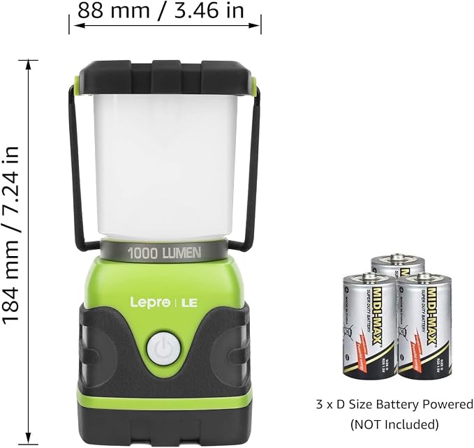Lepro 1000LM Battery Powered LED Camping Lantern, Green Tent Light with 4 Light Modes, Camping Essentials, Waterproof Lantern Flashlight for Camping, Emergency Light, Power Outages, Not Rechargeable