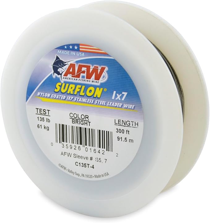 American Fishing Wire Surflon Nylon Coated 1x7 Stainless Steel Wire Leader - Wire Fishing Leader Line for Saltwater 10lb Up To 250lb Test in Bright, Black, Camo in 30ft, 100ft, 300ft, & 1000ft Lengths