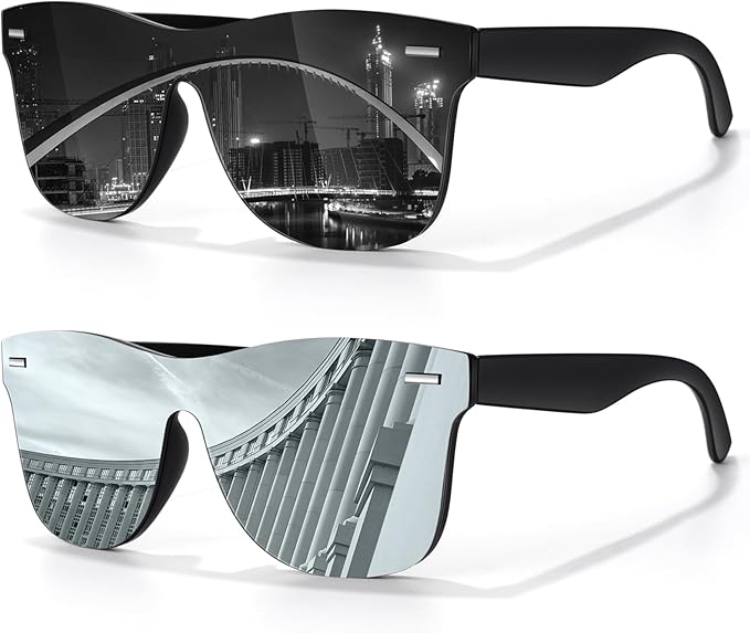 LINVO Trendy Polarized Mirrored Sunglasses Men Womens, Flat One Piece Reflective Shades for Driving Fishing UV400 Protection